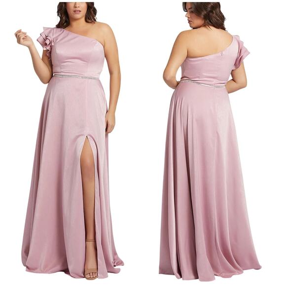 Mac Duggal NWT Ruffled Sleeve Asymmetric Maxi Gown Orchid Pink Size 18W - Picture 1 of 12